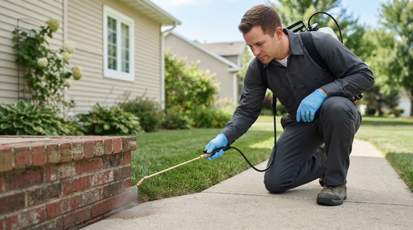 Pest control technician treating a home near Mulino, OR